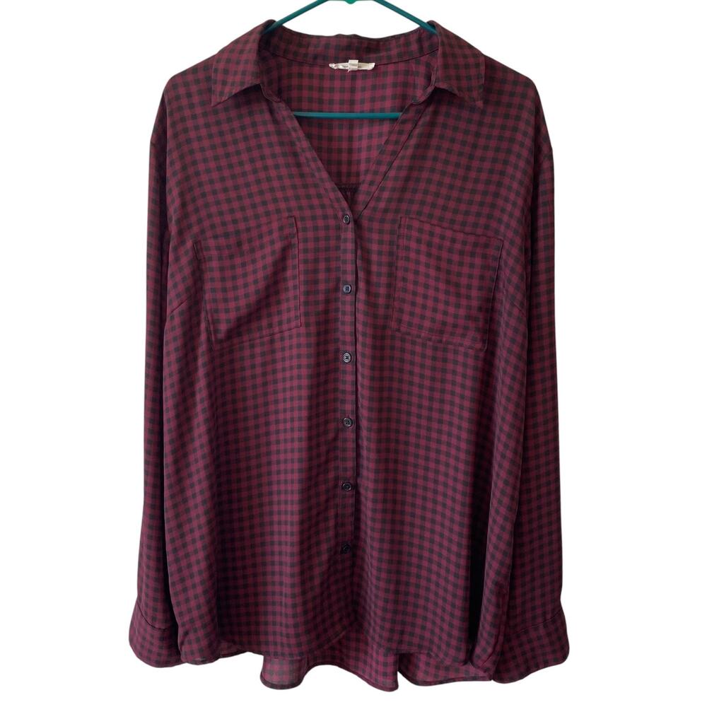 MAURICES Micro Check Button Down Blouse Red Purple Check Size XXL